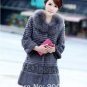 Genuine Real Rabbit Fur Coat with Satin Rose Decoration, Pink, M