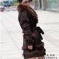 Genuine Real Rabbit Fur Coat with Raccoon Fur Collar, Brown, M