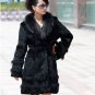 Genuine Real Rabbit Fur Coat with Raccoon Fur Collar, Brown, M