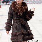 Genuine Real Rabbit Fur Coat with Raccoon Fur Collar, Brown, M
