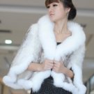 Genuine Knitted Mink Fur Shawl with Real Fox Fur Trims White