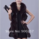 Genuine Fox Fur Long Vest with Belt, Black, M