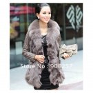 Lamb Leather Coat With REAL Fox fur Trimming & Fox Collar, Grey, M