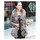 Lamb Leather Coat With REAL Fox fur Trimming & Fox Collar, Grey, XL