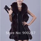 Genuine Fox Fur Long Vest with Belt, Black, L