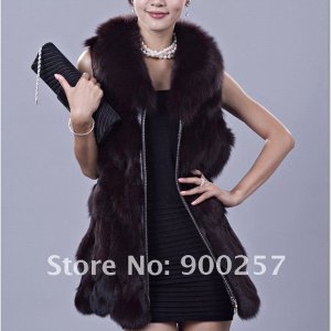 Genuine Fox Fur Long Vest with Belt, Black, L