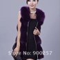 Genuine Fox Fur Long Vest with Belt, Black, L