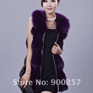 Genuine Fox Fur Long Vest with Belt, Dark Purple, XL