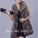 Genuine Fox Fur Long Vest with Belt, Grey, L