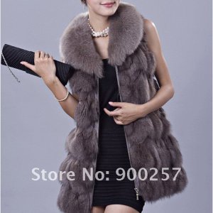 Genuine Fox Fur Long Vest with Belt, Grey, XL