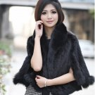Genuine Knitted Mink Fur Shawl with Real Fox Fur Trims, Black