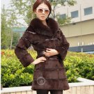 Genuine Real Rabbit Fur Coat with Fox Fur Collar, Brown, XL