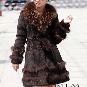 Genuine Real Rabbit Fur Coat with Raccoon Fur Collar Brown, XL