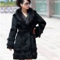 Genuine Real Rabbit Fur Coat with Raccoon Fur Collar Brown, XL