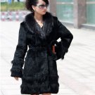 Genuine Real Rabbit Fur Coat with Raccoon Fur Collar, Black, XXL