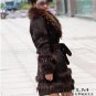 Genuine Real Rabbit Fur Coat with Raccoon Fur Collar, Black, XXL