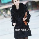 Genuine Real Rabbit Fur Coat with Satin Rose Decoration, Black, L