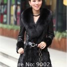 Lamb Leather Coat, REAL Mink fur Trimming & Fox Collar, Black, L