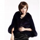 Luxury Genuine Sheared Rabbit Fur Shawl with Fox Trims Navy