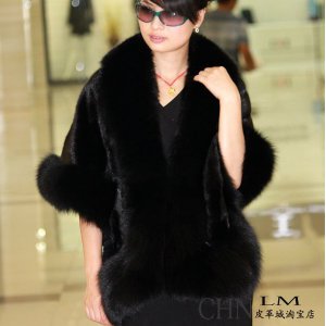 Luxuy Large Genuine REAL Mink Fur Shawl with Fox Trim, Black