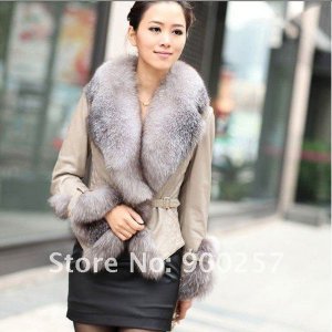 Stylish Real Leather Jacket with Real Fox fur Trims, Beige XL