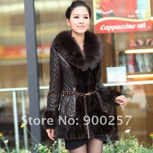 Diamond Patterned Lamb Leather Coat, REAL Mink fur Trimming & Fox Collar, Brown XXL