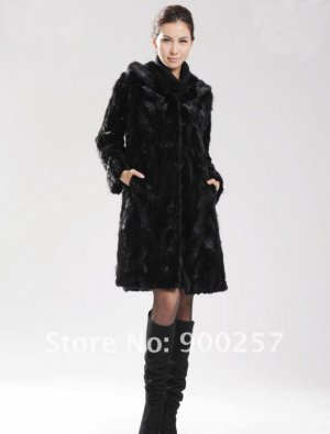 Genuine Real Black Pieced Long Hooded Mink Fur Coat M