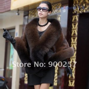 Luxuy Large Genuine REAL Mink Fur Shawl with Fox Trim Dark Brown