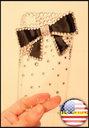 Verizon Sprint Iphone 4 4s Clear Back Case Hello Kitty Style Black Bow Bling Bling Iced Out Crystal