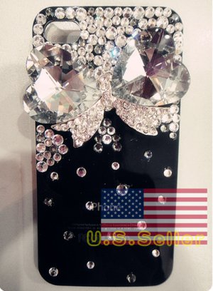 Iced Out Hello Kitty Bow Heart Style Bling Bling Crystal Apple Iphone 4 4g Black Back Case