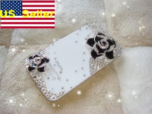 Verizon Sprint Iphone 4 4S Clear Back Case Iced Out Bling Bling 3D Black Rose Kitty