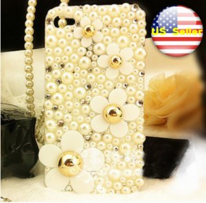 Verizon Sprint Iphone 4 4S  Pearl Back Case Iced Out Bling Bling 3D white flower