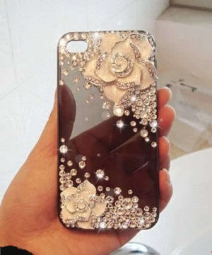 New 3D Iphone 4s 4 Bling Clear Crystal White Rose Flower case cover Verizon 4