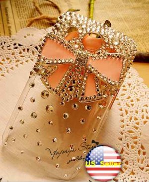 HTC Inspire 4G 3D Bling Phone Pink Bow Clear Crystal Diamond Hard Back Case