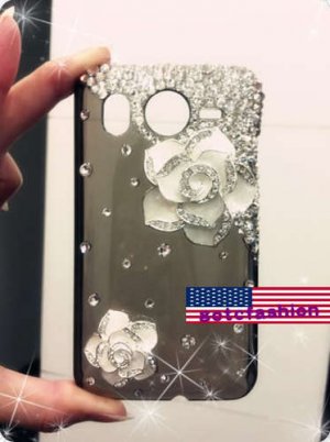 New HTC Inspire 4G Bling Phone White Flower Crystal Diamond Hard Back Case 3D