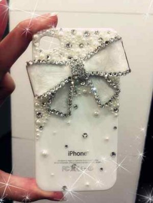 3D Iphone 4s 4 Bling Crystal Pearl White Bow clear back case cover Verizon 4
