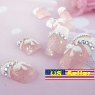 Japanese 3D Nail White French Pink Acrylic Fake Nail Crystal Bow design Bling