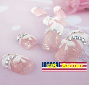 Japanese 3D Nail White French Pink Acrylic Fake Nail Crystal Bow design Bling