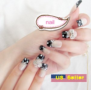 Japanese 3D Nail Black French White Polka dots Acrylic Fake Nail Crystal Bow New