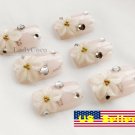 Japanese 3D Nail Set Pink French Acrylic Fake Nails White Flower Crystal Design