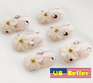 Japanese 3D Nail Set Pink French Acrylic Fake Nails White Flower Crystal Design