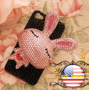 3D Iphone 4s 4g 4 Bling Crystal big Pink Rabbit Black Hard Case Verizon4 at&t