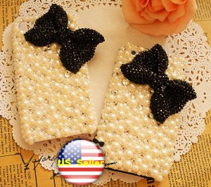 3D Iphone 4s 4g 4 Bling Crystal big Bow White Pearl  Hard Case Verizon4 at&t