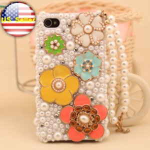 3D Iphone 4s 4g 4 Bling Pearl Flower Hard Case Verizon4 at&t