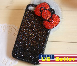 3D Iphone 4s 4g 4 Bling Crystal Big Red Bow Black Hard Case Verizon4 at&t