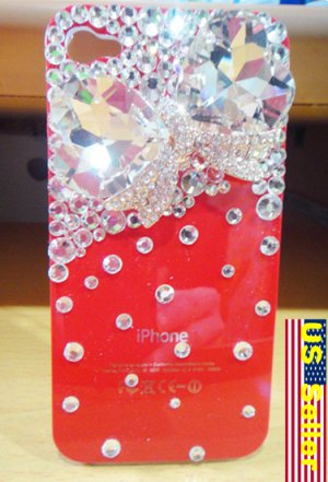 Iced Out Hello Kitty Bow Heart Style Bling Bling Crystal Apple Iphone 4 4g Red Back Case