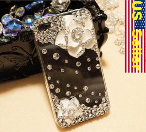 Verizon Sprint Iphone 4 4S Clear Back Case Iced Out Bling Bling 3D White Rose