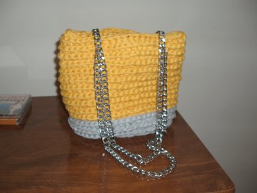 CLEARANCE! grey yellow crocheted purse tote with gold chain straps