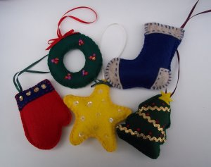 Set of five handmade felt Christmas ornaments