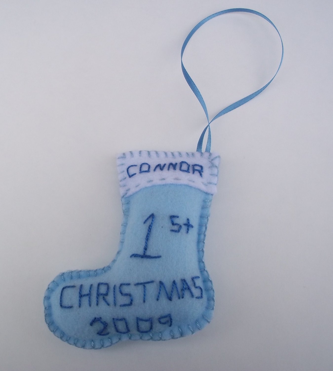 Baby boy First Christmas stocking ornament personalized felt
